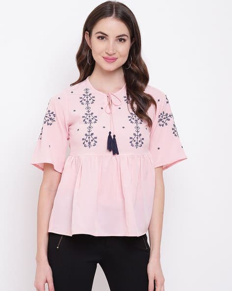 Round-Neck Top with Placement Embroidery