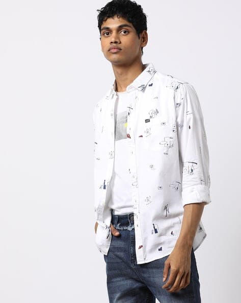Printed Slim Fit Shirt with Patch Pocket
