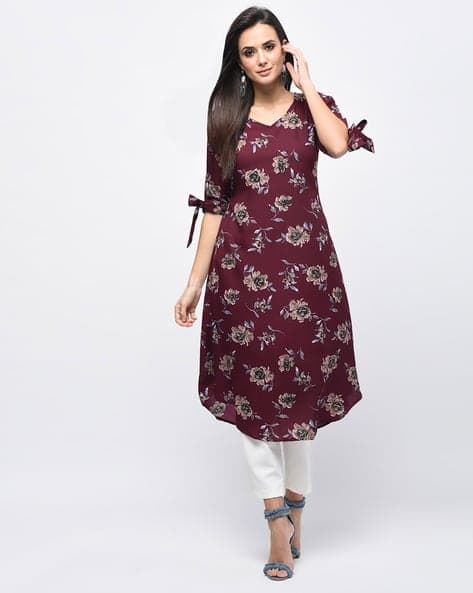 Floral Print A-line Kurta with Sleeve Tie-Up