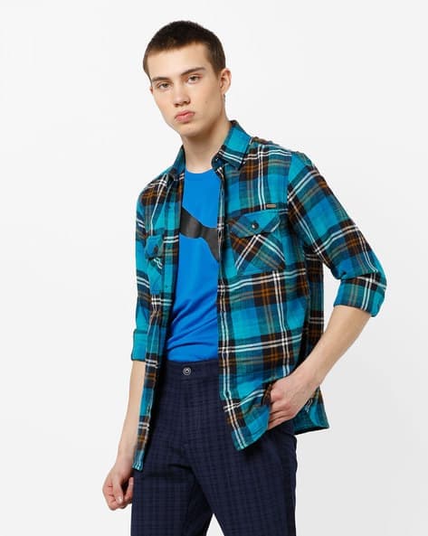 Checked Slim Fit Shirt with Flap Pockets