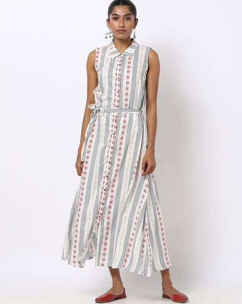 Striped Maxi Shirt Dress with Waist Tie-Up