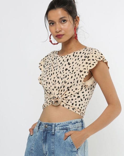 Printed Top with Flutter Sleeves