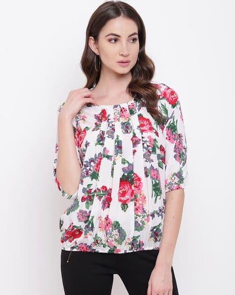 Floral Print Top with Box-Pleats