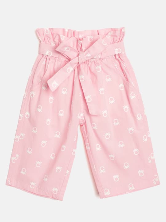 United Colors of Benetton Girls Pink & White Brand Logo Print Pure Cotton Culottes