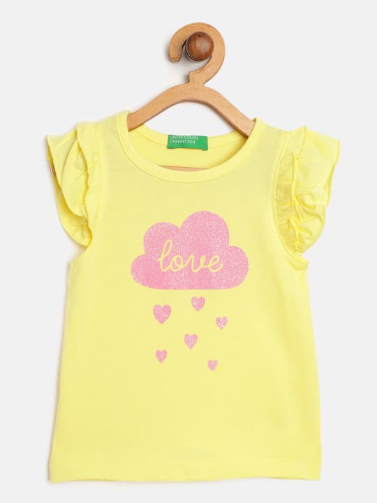 United Colors of Benetton Yellow & Pink Glitter Cloud Print Flutter Sleeves Regular Top