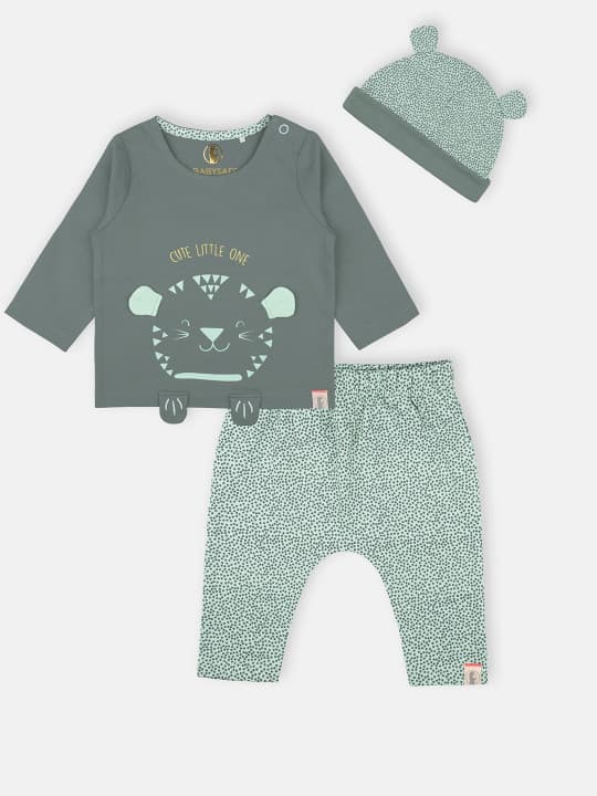 Babysafe Boys Grey & Sea Green Printed T-shirt with Pyjamas & Beanie