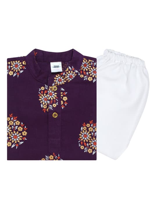 Superminis Boys Pure Cotton Gold Foil Printed Purple & White Kurta Pyjama Set