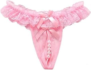GenericAbove The Moon Women's Lace & Nylon Floral G-String Thong Panty Bikini Underwear with Pearl Details, Sexy Hot Brief for Honeymoon