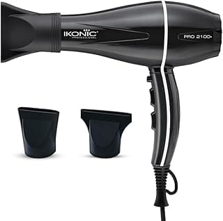 IKONIC Pro 2100+ Hair Dryer 2000 Watts, Black, 3 Heat And 2 Speed Settings, Cool Shot, Low Noise Function Interchangeable Nozzles, Professional Styling, For Women And Men, All Hair Type