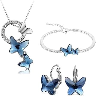 Shining Diva Valentine Gift Girlfriend Wife Italian Designer Platinum Plated Crystal Butterfly Earrings Chain Pendant Necklace Combo Jewellery Set for Women and Girls (Blue) (14603s)