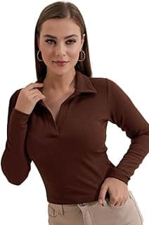 Dream Beauty FashionWomen's Collared Neck Long Sleeve Slim Fit Casual Tee Top, 23" inches (Apple-01-P)