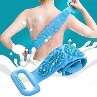 Midazzle Silicone Body Back Scrubber Double Side Bathing Brush for Skin Deep Cleaning, Dead Skin Removal Exfoliating Belt for Shower, Easy to Clean, Lathers Well for Men & Women (Colors May Vary)
