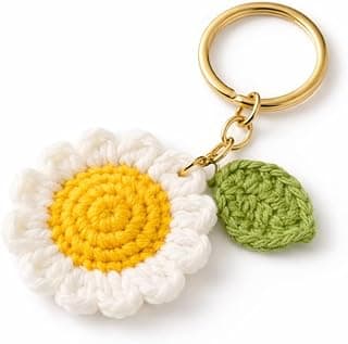 Handmade Crochet Daisy Flower Keychain for Women Girls | Cute Aesthetic Key Ring Bag Charm | Cotton Yarn Handcrafted Floral Keychain with Leaf | Gift for Her, Car Keys, Backpack Accessory