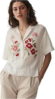 ANNI DESIGNERWomen Cream Cotton Embroidered Tops | Floral Thread Work Short Sleeve Shirt | Casual Summer Wear for Office & Daily Use