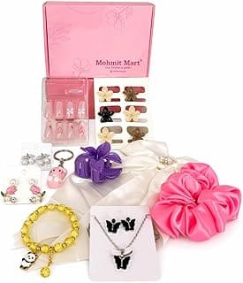 10 Pcs Trendy Hair Accessories & Jewelry Gift Set for Girls & Women | Random Designs as per Latest Trend | Pink Gift Box Included
