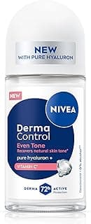 NIVEA Derma Control Even Tone Underarm Deo Roll-On for Women | Smoother & Brighter Underarms | 72H Derma Active Protection | With Pure Hyaluronic Acid & Vitamin C | 0% Alcohol | 50 ml