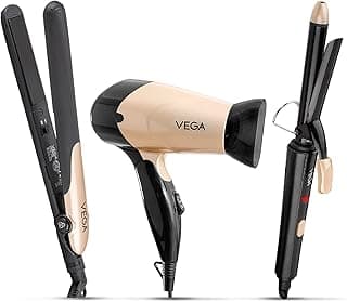 Vega Miss Versatile Styling Set Straightener, Curler & Dryer Gift Combo for Women, 1000W Hair Dryer with 2 Head/Speed Setting, Hair Straightener & Curler Comes with Ceramic Coated, (VHSS-03), Black