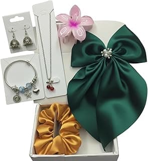 6-Piece Fashion Jewelry & Hair Accessory Gift Set for Women & Girls | Satin Hair Bow, Pendant Chain, Pandora-Style Bracelet, Oxidised Jhumki, Scrunchie & Big Flower Claw Clip | Random Colors & Designs