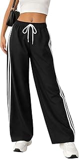 SAKHWALAWomen Track Pant | Women's Wide Leg Track Pants High Waist Drawstring Sweatpants with Side Stripes, Casual Loose Fit Lounge Joggers, Dark Grey