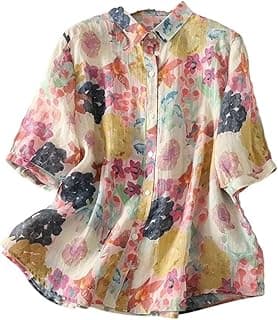 GufrinaWomen’s Casual Button-Down Shirt with Multicolor Floral Print & Half Sleeves, Collar Neck