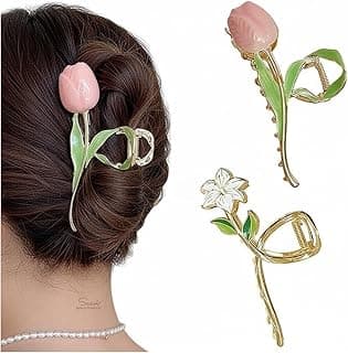 2 Pcs Flower Metal Hair Claw Clips Large Tulip Hair Claw, Wheat Hair Clips,Blue Lily Claw Nonslip Hair Barrettes Strong for Woman and Girls