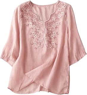 RIEKAWomens Elegant Beige Floral Embroidered Tunic Top with Scalloped V Neck, Elbow Length Sleeves, Relaxed Fit, Lightweight, Casual Ethnic Style Top