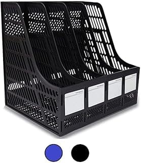 PRANIJ Desktop Magazine Holder - 4 Compartments, Desk File Organizer, Plastic Vertical File Dividers Book Holder & Document Storage Rack for Office Desk, 1Pc (Blue/Black)