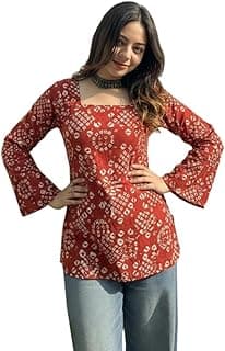 ANNI DESIGNERWomen’s Viscose Printed Short Kurti | Straight Fit Ethnic Top with Square Neck | Bell Sleeve Casual Indian Kurta for Office College, Party