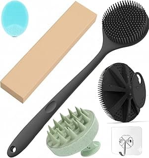 Soft Silicone Back Scrubber Long Handle Bath Brush + Body Scrubber Bath Brush + Scalp Massager for Hair + Face Scrubber Brush, Combination Combo, Super-Exfoliating & Lathering Body Scrubber, Shower Brush | BPA-Free | for Men and Women (With A Free Hook 3-pic) All Skin Type