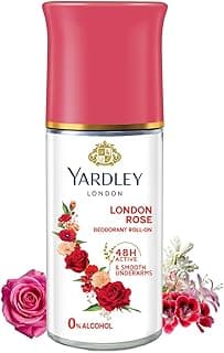 Yardley London London Rose Underarm Deodorant Roll On | With Licorirce Extract & Floral Extracts | Smooth & Eventoned Underarms | 72 H Long Lasting Floral Scent| 0% Alcohol & Dermat Approved | For Women | 50ml