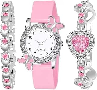 Acnos® Premium White Dial Diamond Pink Analog Watch Love Heart Diamond Bracelet for Girls Best Design Butterfly Combo 3 Pack of 3