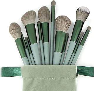 13 Pcs Make up Brushes Set, Foundation Powder Concealer Eyeshadow Blush Highlighter Eyebrow Brush Make up Brush Set, Travel Makeup Brushes with Cloth Bag for Beginner and Make up Artist (Green) Synthetic Fiber