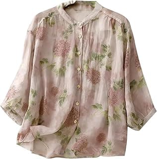 GufrinaWomen’s Light Rose Floral Printed Button Down Shirt with Mandarin Collar and Relaxed Fit 3/4 Sleeves