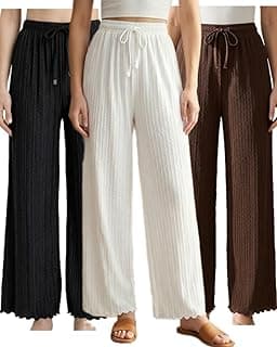 GenericWomen Pleated Palazzo Pants | Elastic Waist Free Size Plazzo | Casual Summer Wide Leg Trousers | Pack of 3 Palazzo for Women