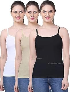Peerless WearCamisole Slip Set of 3, Soft Cotton, Adjustable Straps, Black Skin White