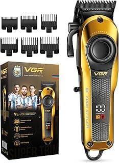 VGR VL-786 Professional Hair Clipper for Men & Salons | Cord & Cordless | Titanium Blades | LED Display | Taper Lever | 6 Guide Combs | 200 min Long Runtime | Fast Charging | 1+1 Year Warranty | Gold
