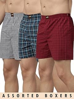 BroonMen's Checked Cotton Blend Assorted Boxer Shorts Pack of 3 | Regular Fit | Elasticated Waistband | Back Pocket | Mens Boxers