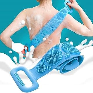 FIGMENT Silicone Body Back Scrubber - Blue Double Side Bathing Brush for Skin Deep Cleaning Massage | Dead Skin Removal Exfoliating Belt for Shower| Back Body Scruber All Skin Type