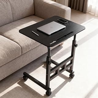 Amazon Basics Adjustable Height Wooden Table with Wheels | Portable Multipurpose Table | Smooth Rolling Wheels | Perfect Posture Adjustment | Trolly Laptop Table (Black)
