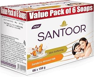 Santoor Skin Softening Sandal & Almond Milk Bathing Soap with Nourishing & Anti-Aging Properties| For Smooth & Soft and Younger-Looking Skin| For All Skin Types| 150g, Pack of 6 cleansing