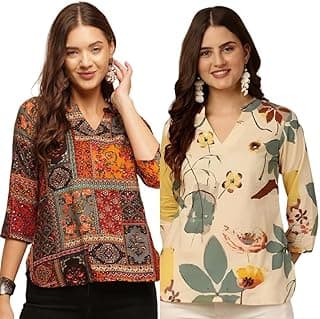 MS VHCK ENTERPRISEWomen's Cotton Printed Short Kurti, Round Neck, Three Quarter Sleeve, Straight Fit, Pack of 2