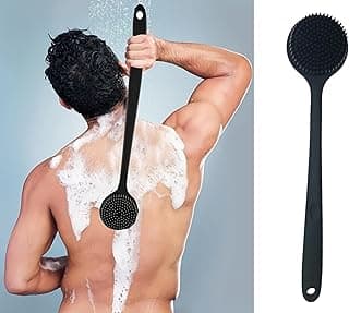 Wazdorf Soft Silicone Back Scrubber Shower Bath Brush with Long Handle | Flexible Bristles for Smooth Skin | Exfoliating Brush | Body Scrubber for Women, Men & Boys| for Body Wash & Bathing(Black) All Skin Type