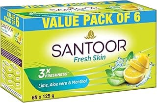 Santoor Fresh Skin Aloe Vera & Lime Bathing Soap with Nourishing & Anti-Aging Properties| For Smooth & Soft and Younger-Looking Skin| For All Skin Types| 125g, Pack of 6 cleansing