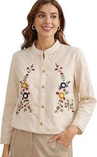 RIEKAWomen's Off White Cotton Shirt with Multicolour Floral Embroidery Button Down Mandarin Collar Relaxed Fit Casual Wear Top (RS-TOP-64)
