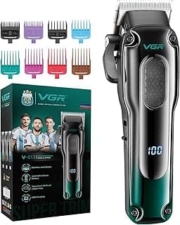 VGR V-013 Professional Salon Quality Hair Clipper – 200 Minutes Runtime, 2000mAh Lithium Battery, Adjustable Taper Lever, 8 Guide Combs, LED Display (Green)