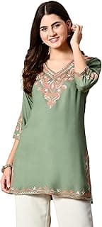 LIBOZAEmbroidered Kashmiri Tunic Top, Short Kurti for Women on Jeans, V-Neck, 3/4 Sleeve, Floral Design,