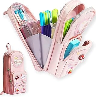Supreme Deals® Premium Canvas Pencil Case Hang able 6 Layer with 3 Compartment, Cute Aesthetic Pencil Case for Girls, Large Capacity Pencil Pouch, Cute Stationary Gift for Kids (Happy Times - Pink)