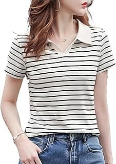 SundishWomen Short Sleeve Polo T-Shirts, Lady's Summer Striped Shirt, Collar Neck Casual Tank Tops