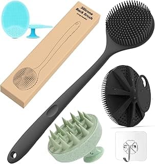 ANTIL'S 4-in-1 Soft Silicone Bath Brush Set | Long Handle Back Scrubber + Body Scrubber + Scalp Massager + Face Massager | Super Exfoliating & Lathering Shower Brush | BPA-Free | For Men & Women | With Free 3 Hook All Skin Type