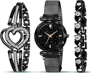 Acnos Brand - A Watch Analogue Plain Black Dial Magnet Watch With Gift Bracelet For Women Or Girls And Watch For Girl Or Women (Combo Of 3)